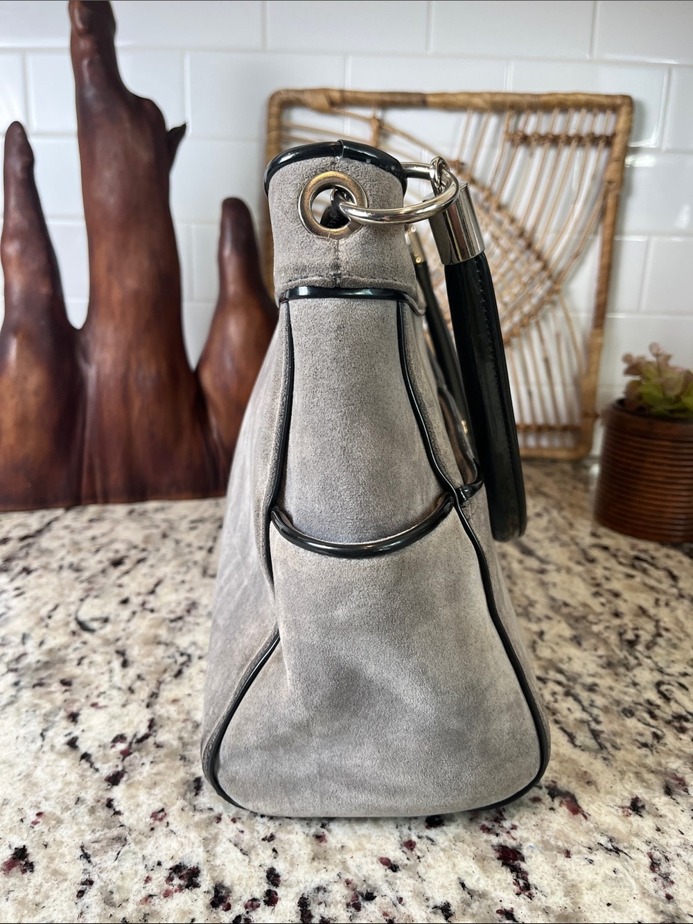 Beijo Gray Suede Shoulder Bag with Black Handle - Picture 9 of 13
